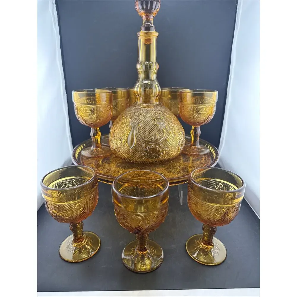 Indiana Glass Amber Tiara Decanter Set w/8 Glasses, Tray, Sandwich Pattern 11 pc